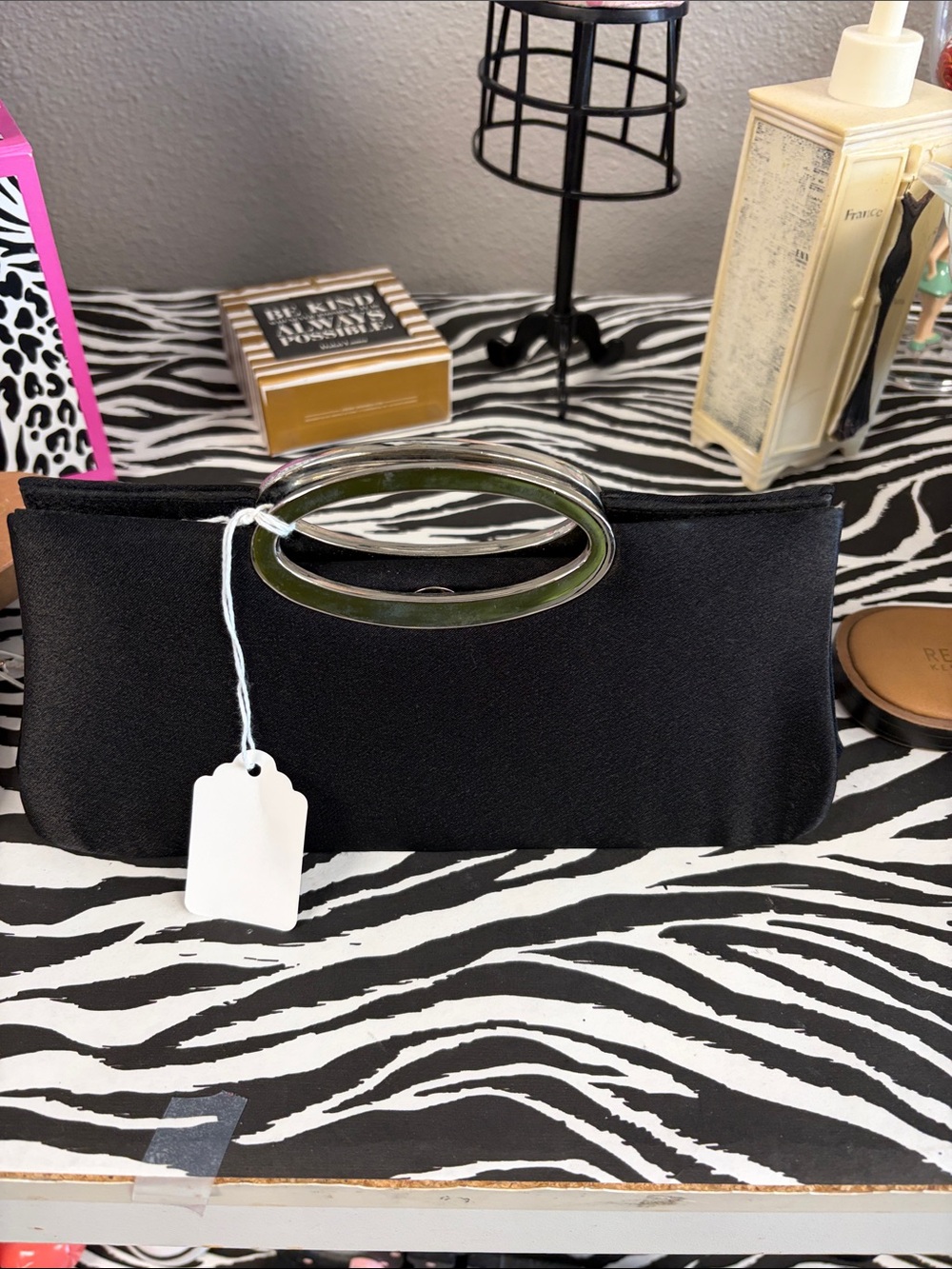 bill blass Black Satin Handheld Clutch with Silver Oval Handles